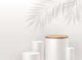 White cylinder podium for product presentation. Podium stage on a wall background with a palm tree branches shadow. Royalty Free Stock Photo